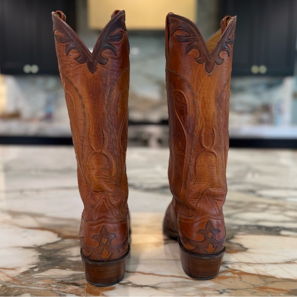 Lucchese Women’s Tall Chocolate + Saddle Brown Leather Cowboy Boots with Inlay - Picture 4 of 14